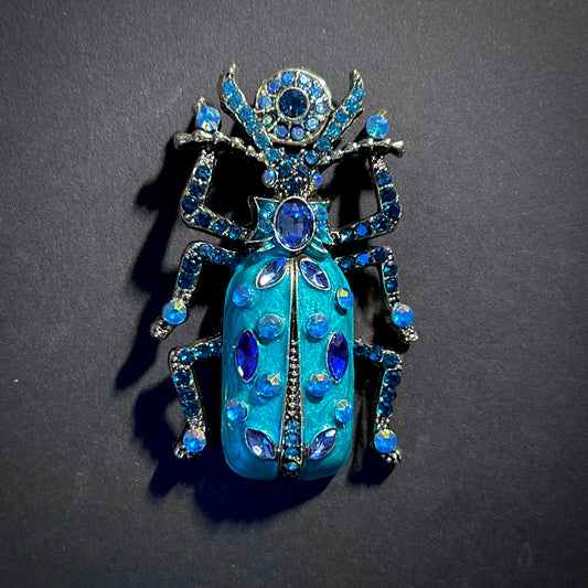 Happy Beetle Brooch with Turquoise Enamel & Rhinestones