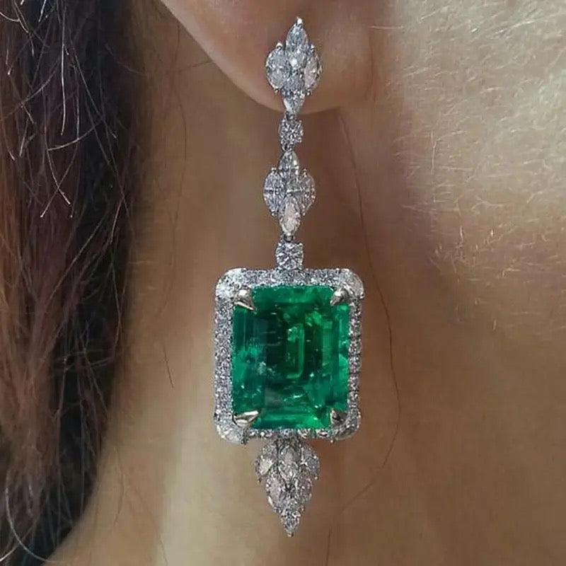 Ornate Emerald Rectangle Dangle Stud Earrings