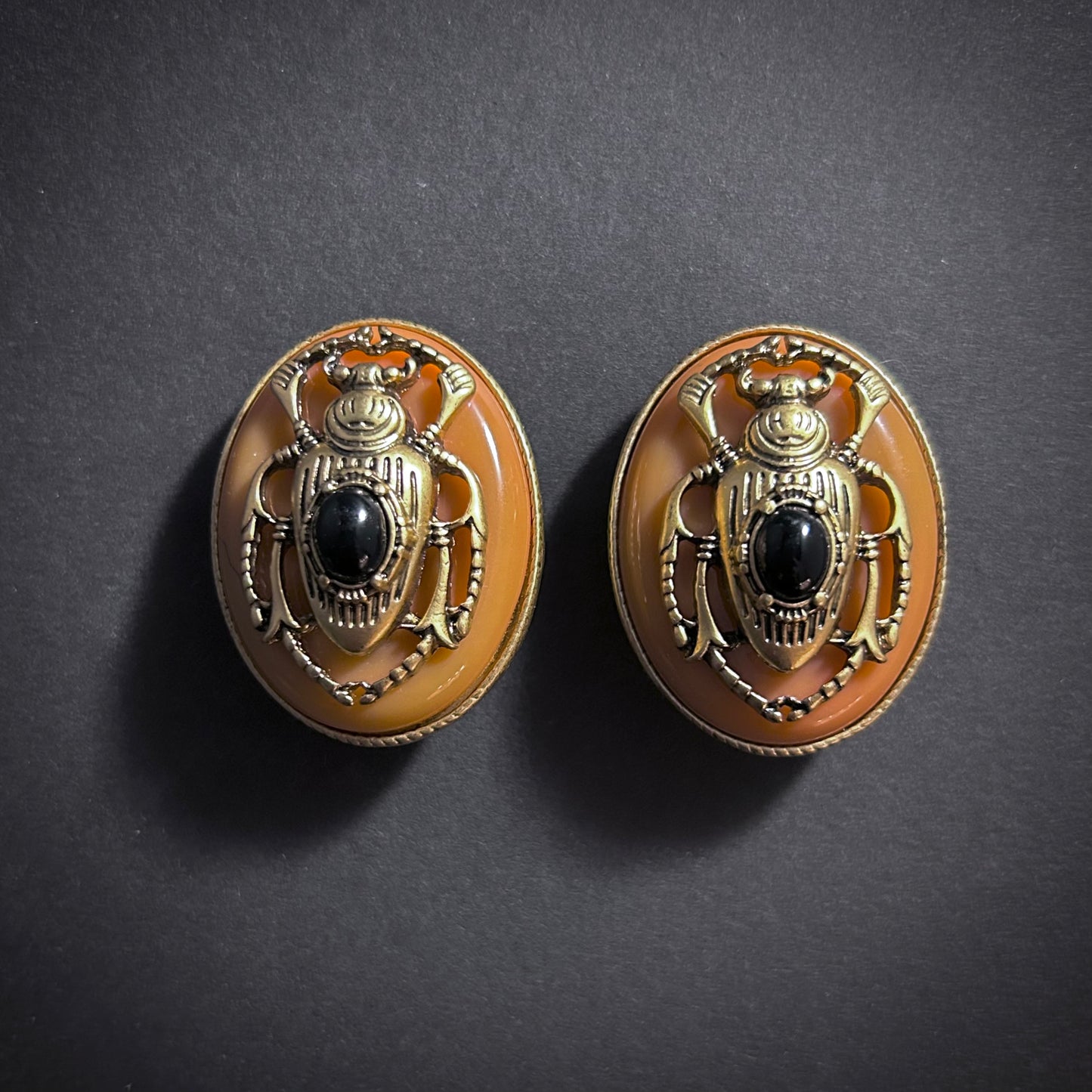 Scarab Beetle Orange Enamel & Antiqued Gold Statement Earrings
