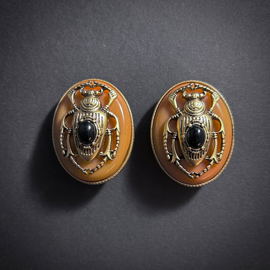 Scarab Beetle Orange Enamel & Antiqued Gold Statement Earrings