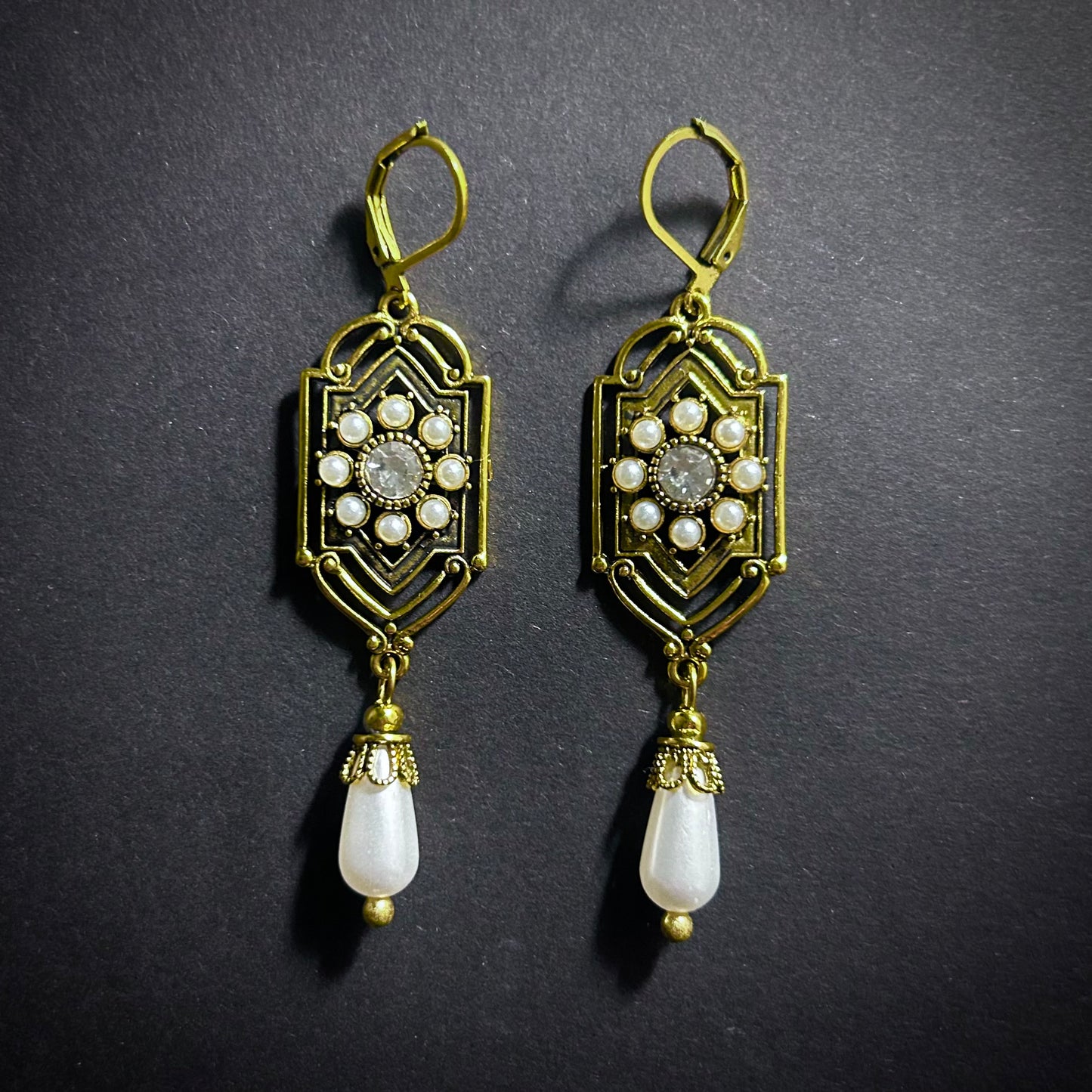 Art Nouveau Pearl & Rhinestone Geometric Gold Earrings