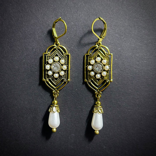 Art Nouveau Pearl & Rhinestone Geometric Gold Earrings