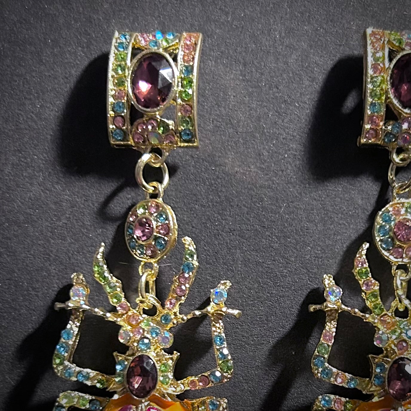 Happy Beetle Statement Earrings with Orange Enamel & Rhinestones