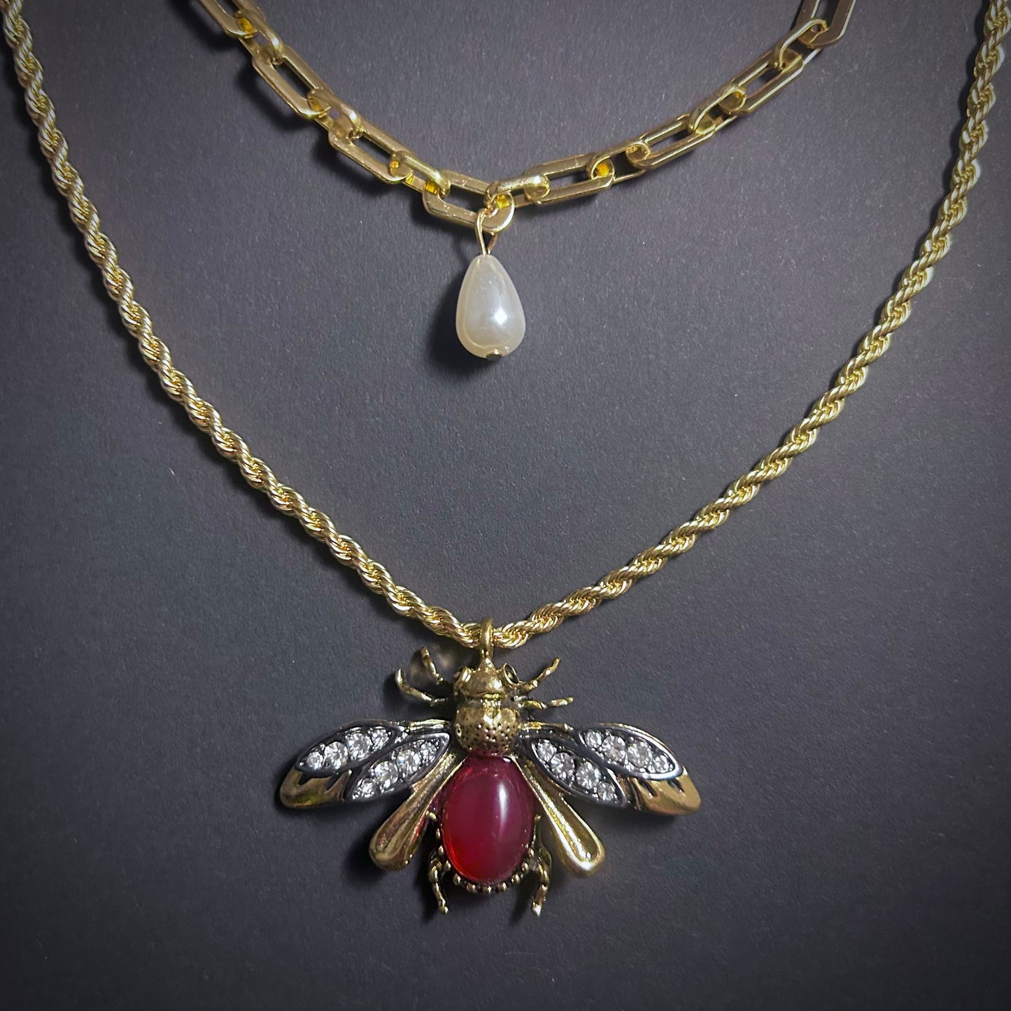 Bee, Ruby & White Pearl Two Row Gold Necklace