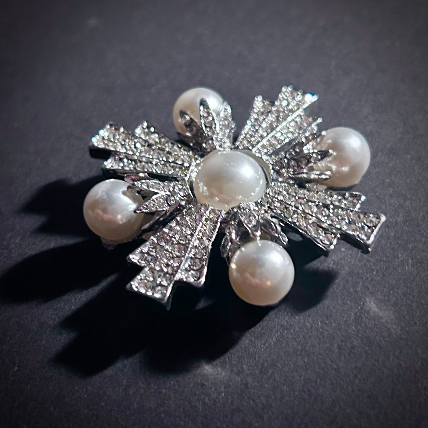 Art Deco Silver and Pearl Maltese Cross Rhinestone Brooch