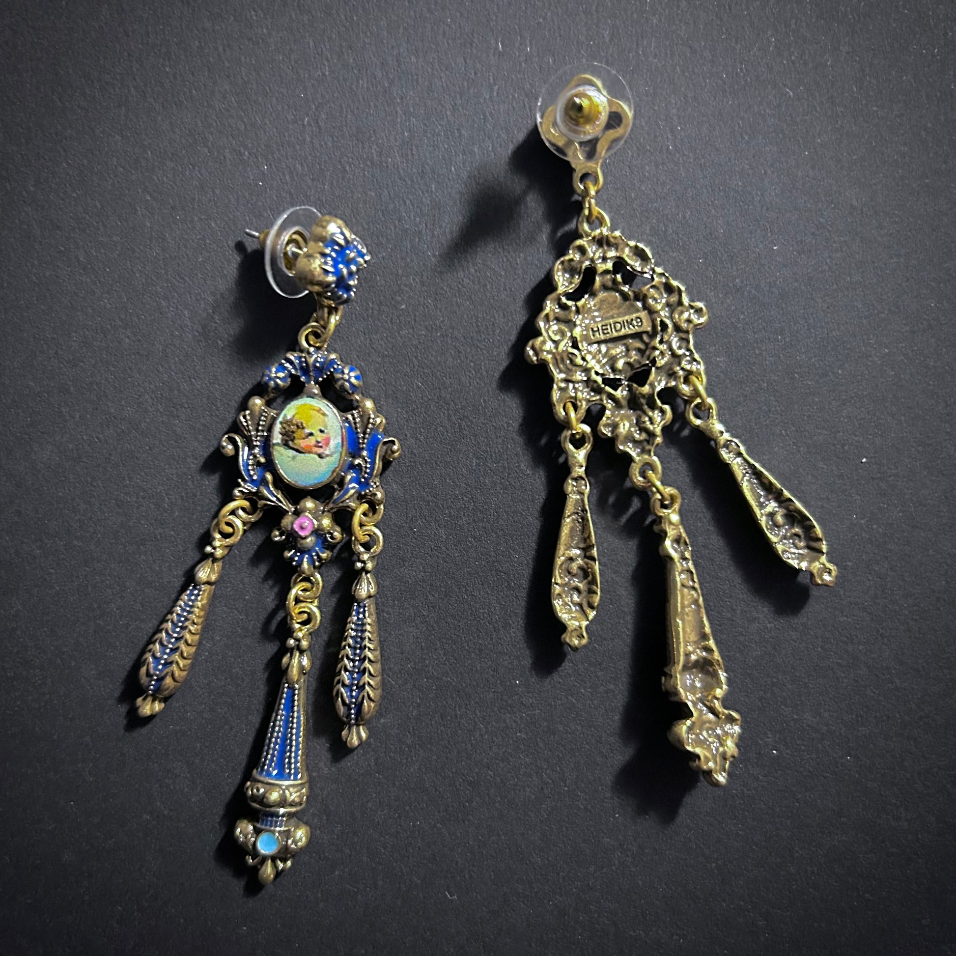 Rococo Enamel, Milgrain & Cherub Chandelier Earrings in Gold & Dark Blue