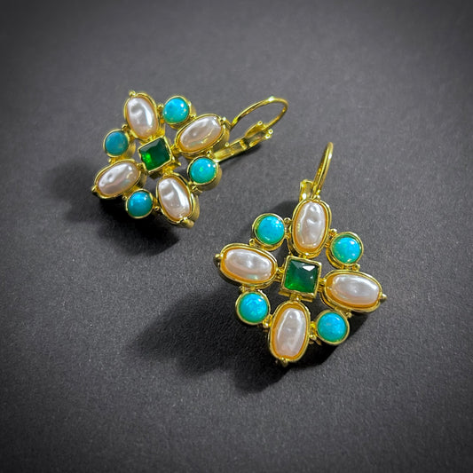 Art Nouveau Baroque Pearl & Turquoise Cross Gold Earrings