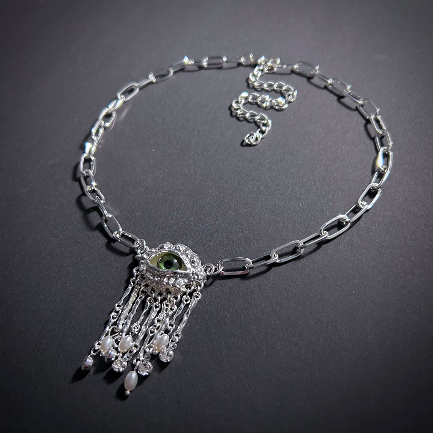 Green Eyes & Baroque Pearl Silver Fringe Pendant Surrealist Necklace
