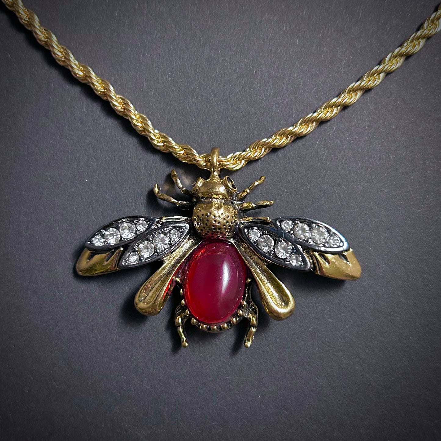 Bee, Ruby & White Pearl Two Row Gold Necklace