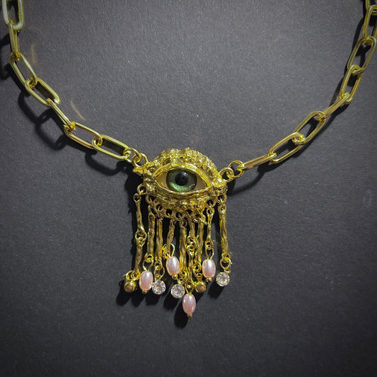Green Eyes & Baroque Pearl Gold Fringe Pendant Surrealist Necklace