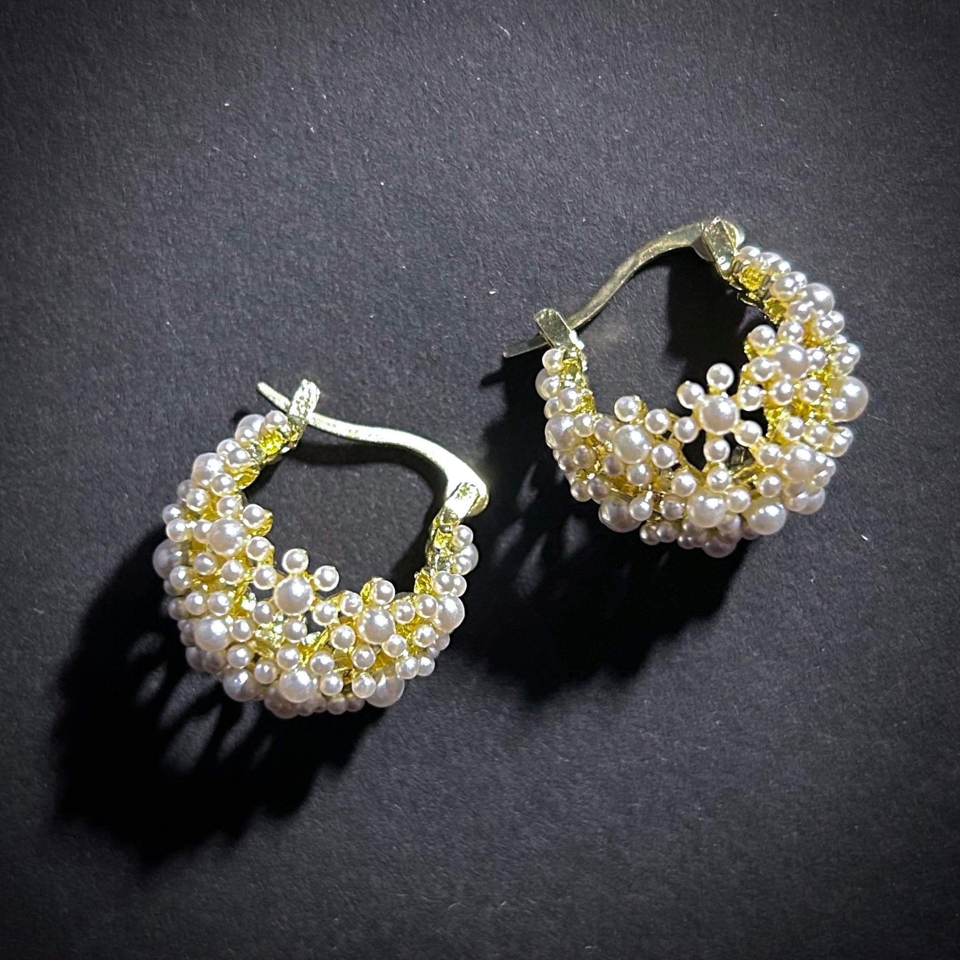 White Pearl Cluster Gold Hoop Earrings
