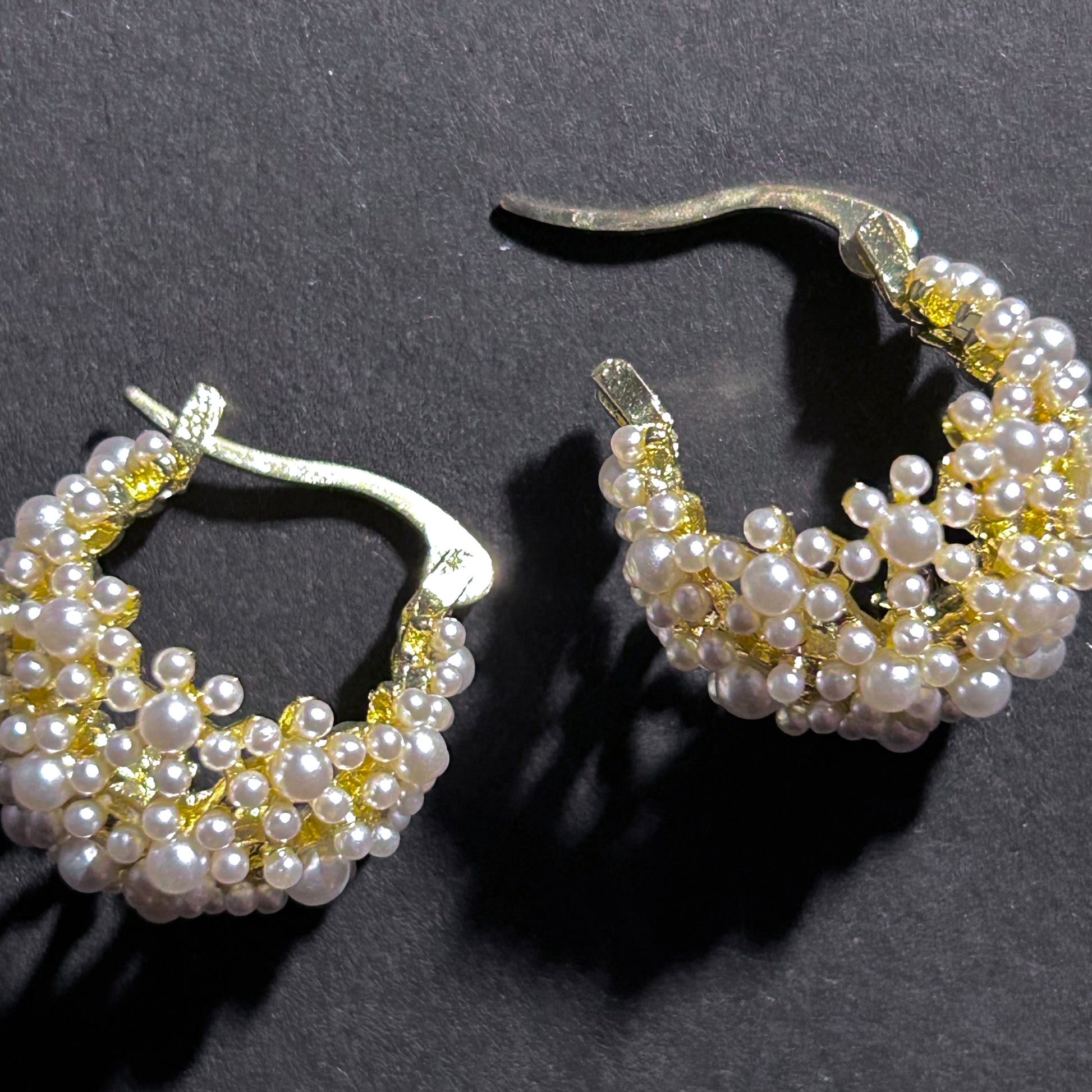 White Pearl Cluster Gold Hoop Earrings