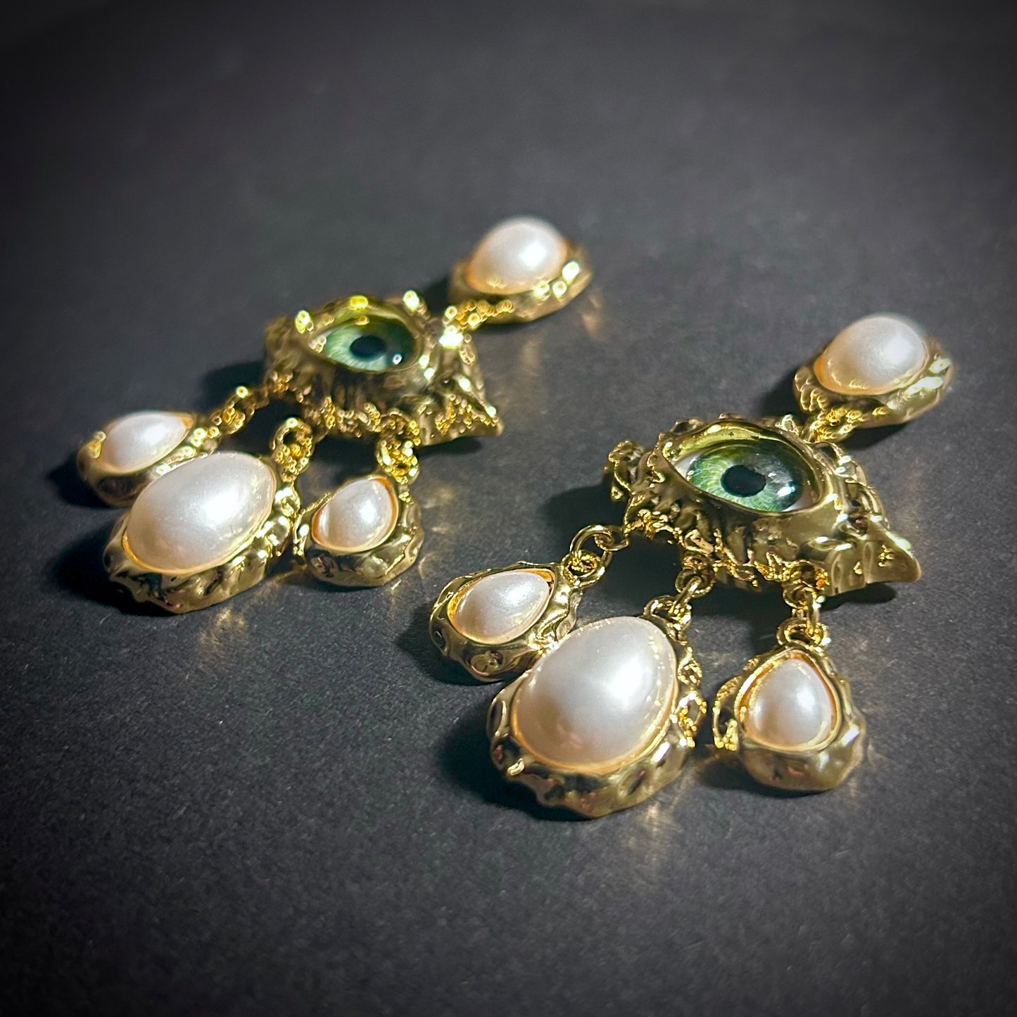 Green Eyes & White Pearls Chandelier Earrings