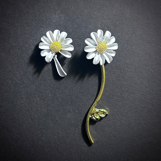 Daisy Flower Asymmetrical White & Gold Falling Petal Stud Earrings