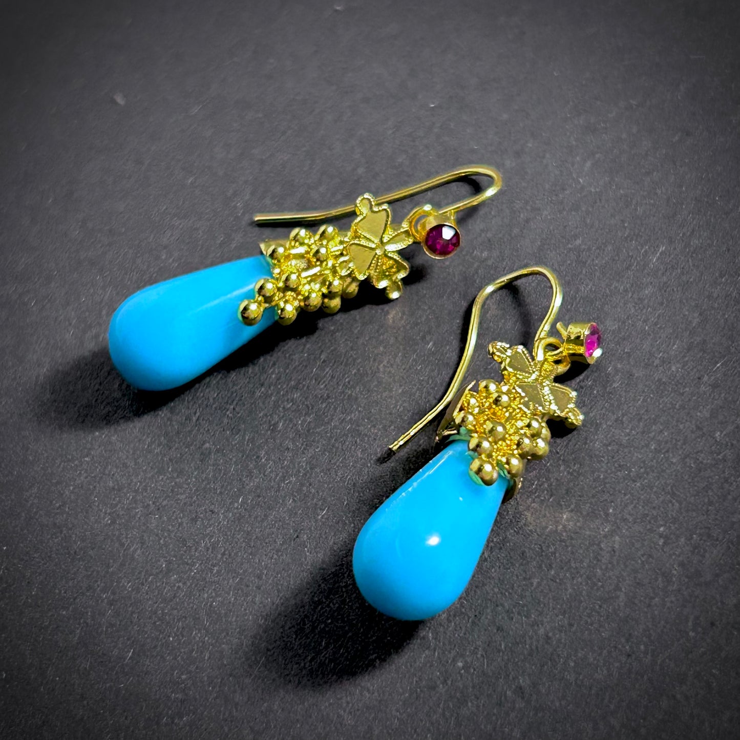 Turquoise Teardrop & Amethyst Rhinestone Gold Hook Earrings