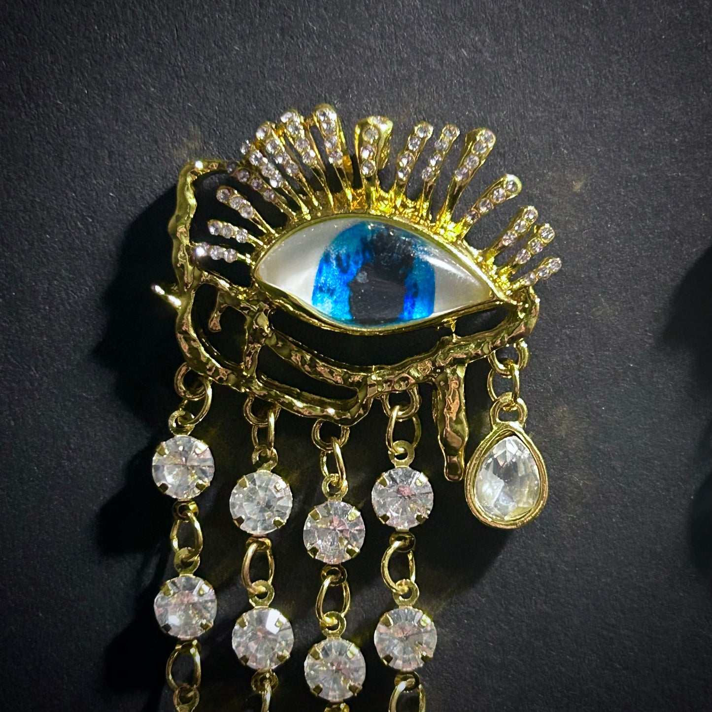 Blue Eye & Long Rhinestone Fringe Gold Earrings