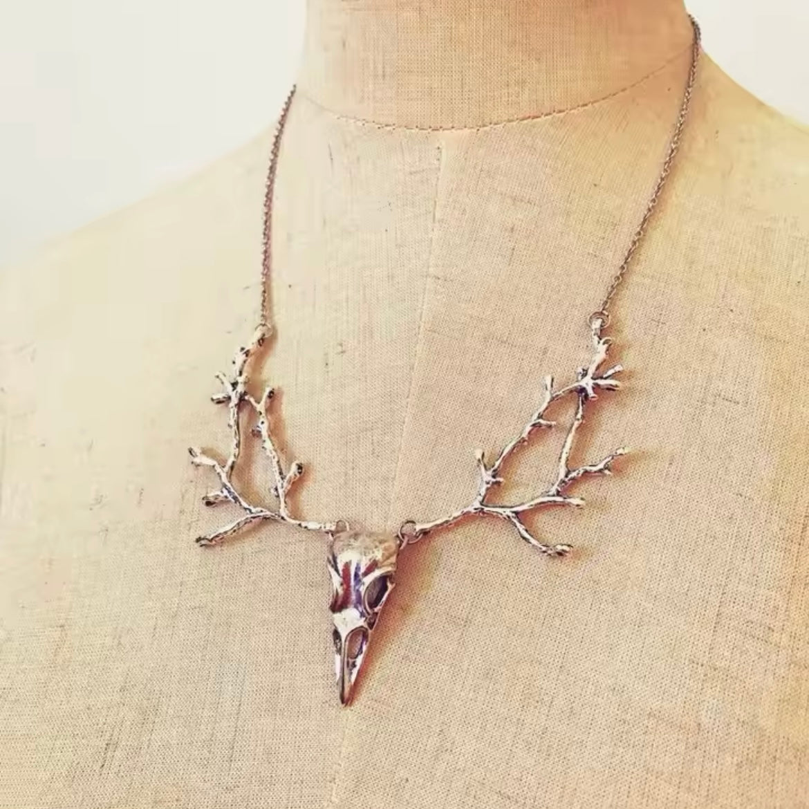 Raven Skull & Branch Silver Necklace