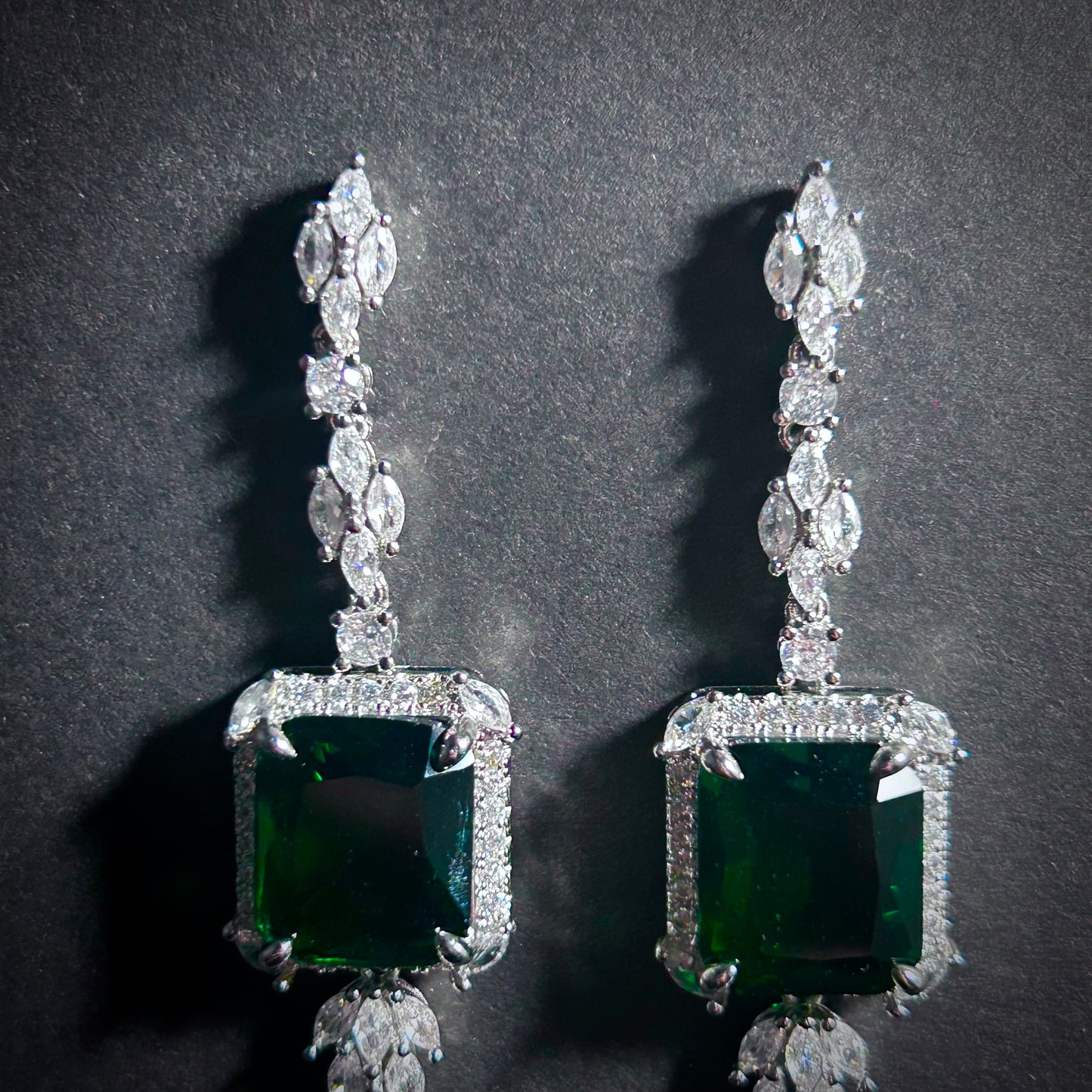 Ornate Emerald Rectangle Dangle Stud Earrings