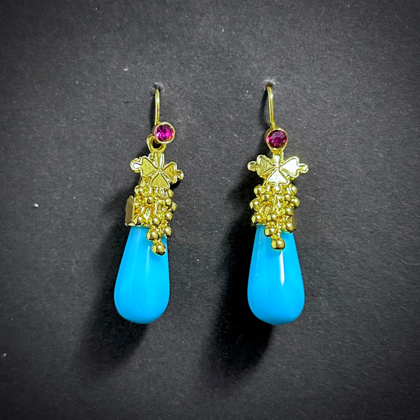 Turquoise Teardrop & Amethyst Rhinestone Gold Hook Earrings