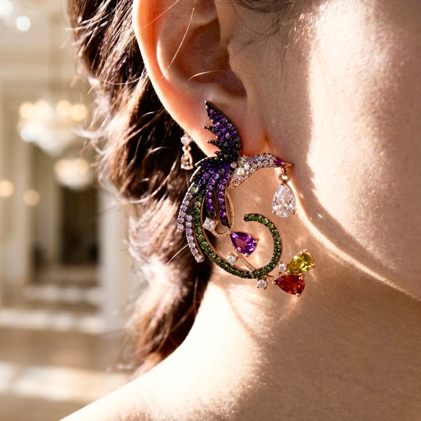 Phoenix Bird Rose Gold & Multi Color Earrings
