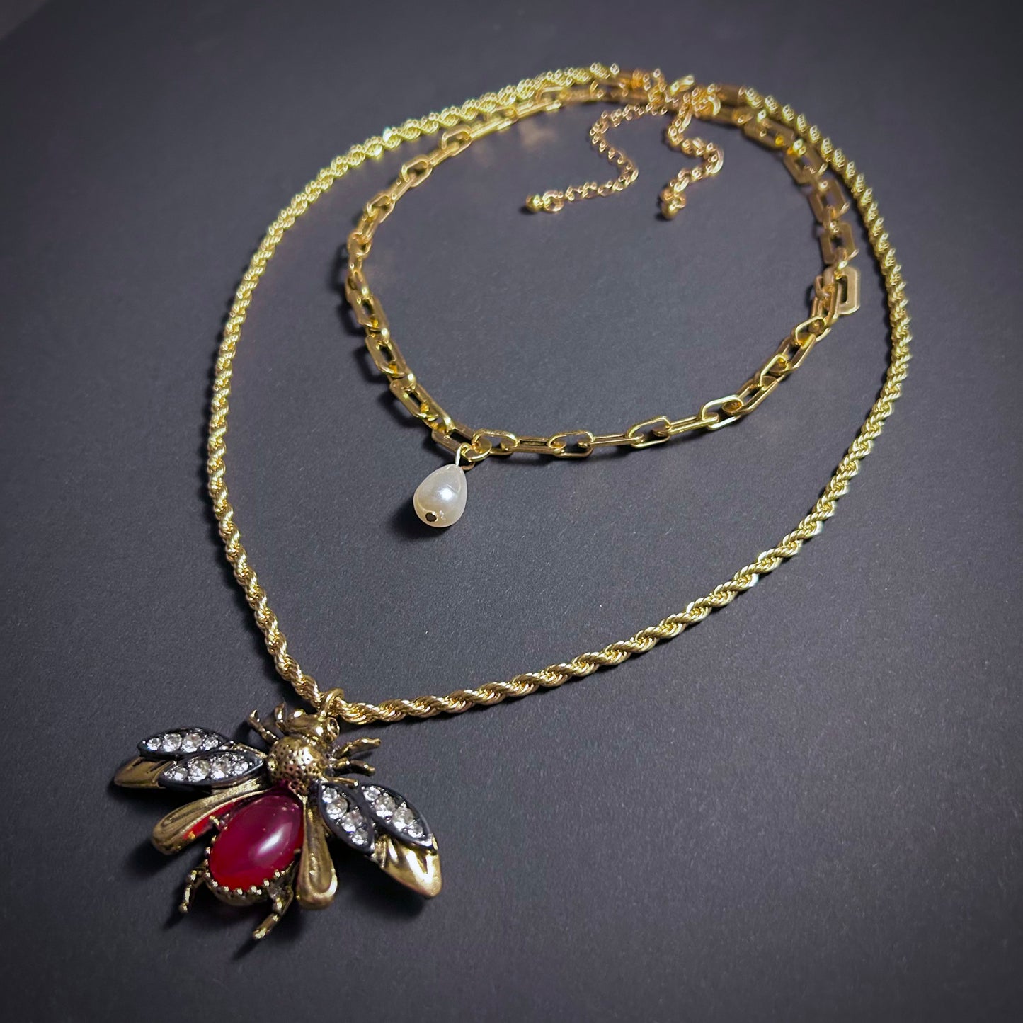 Bee, Ruby & White Pearl Two Row Gold Necklace
