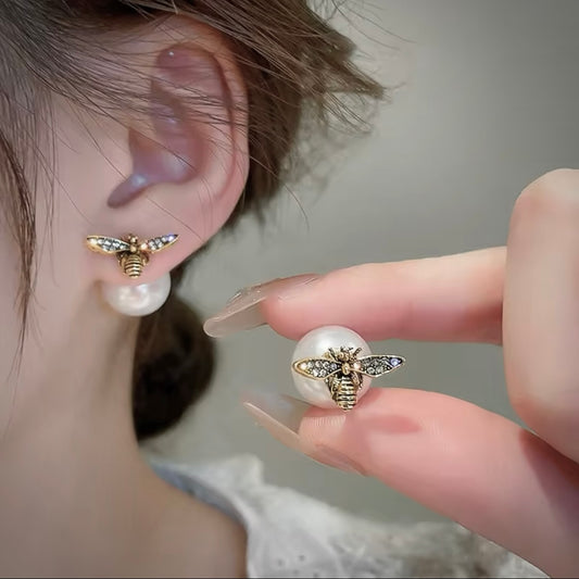 Gold Rhinestone Bee Earrings with White Pearl Back Stopper