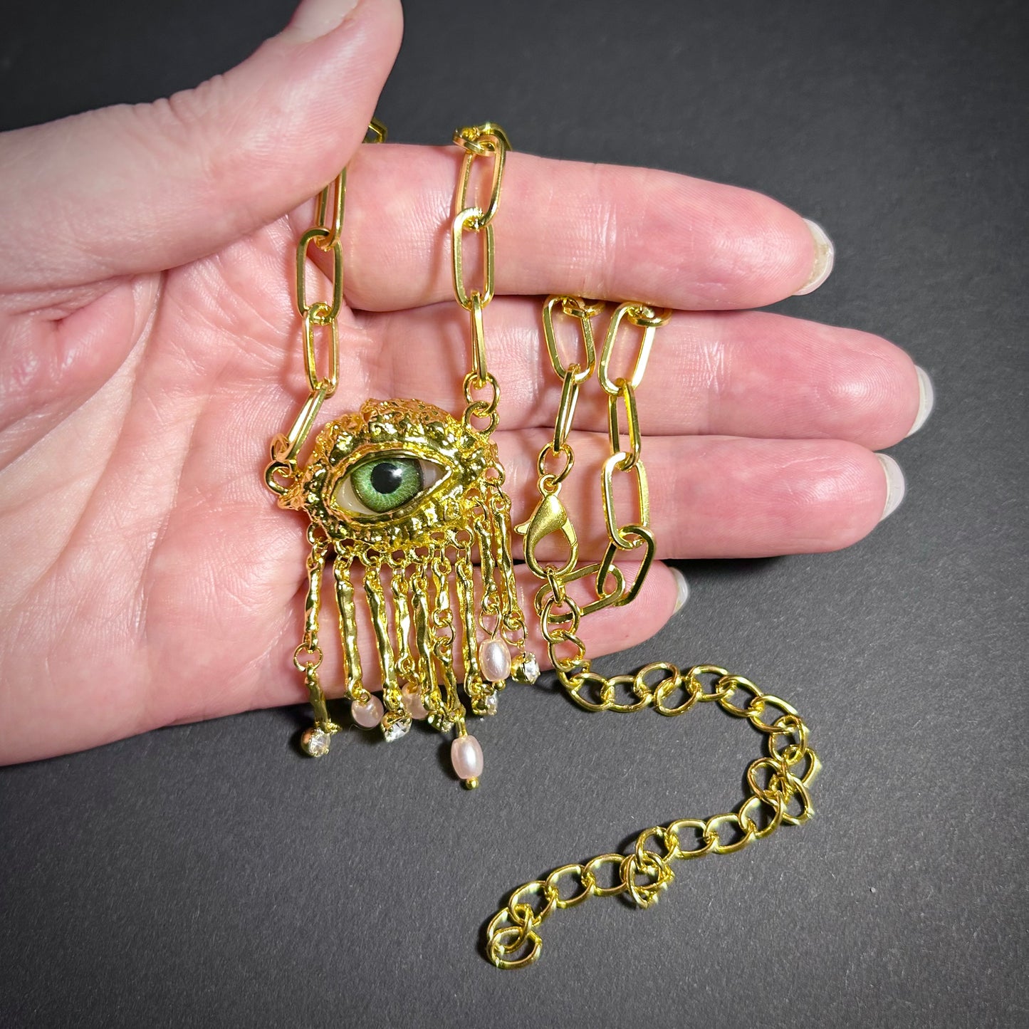 Green Eyes & Baroque Pearl Gold Fringe Pendant Surrealist Necklace