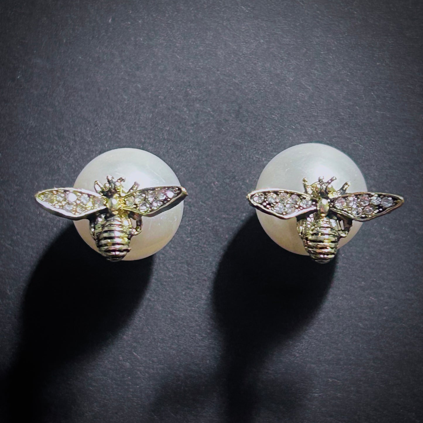 Gold Rhinestone Bee Earrings with White Pearl Back Stopper