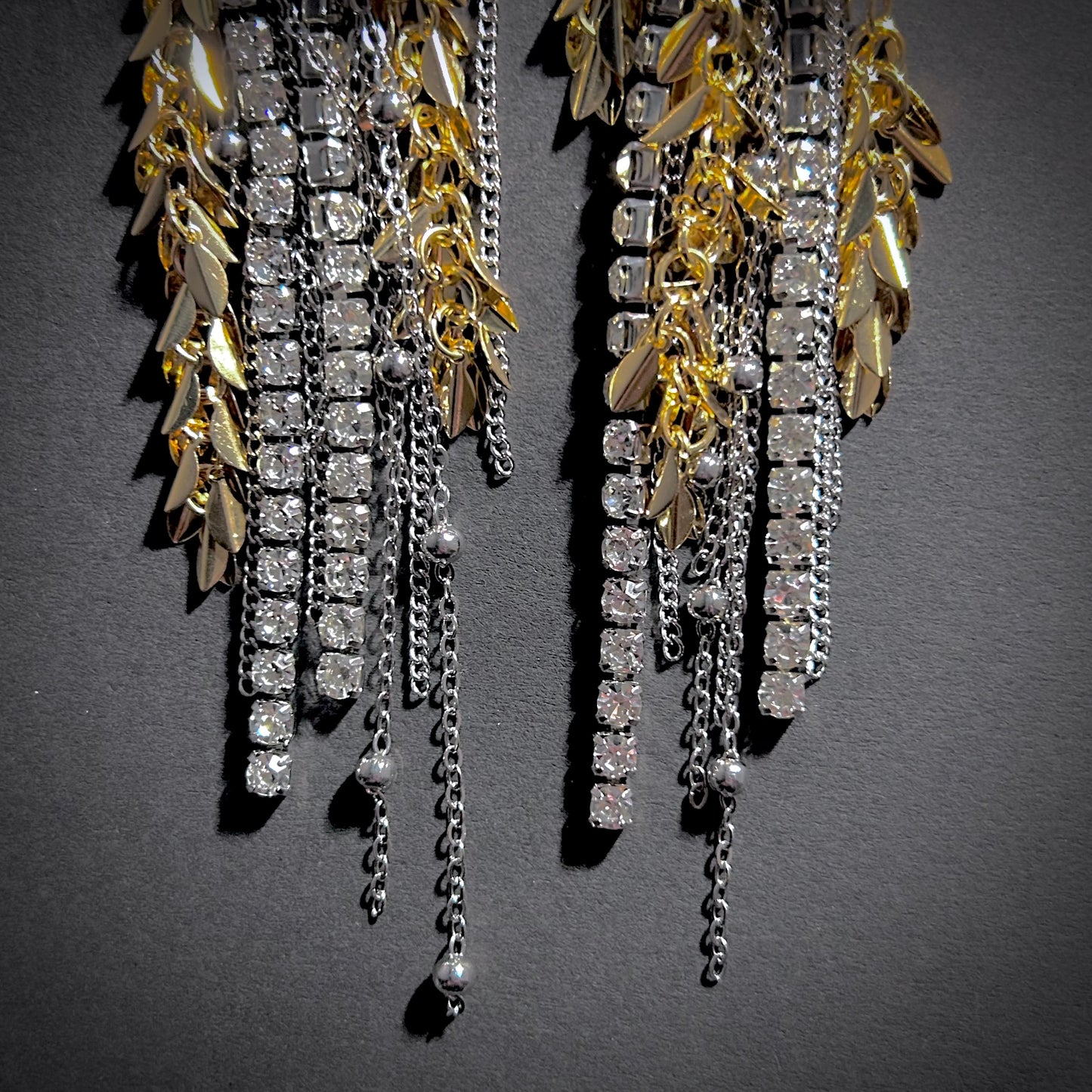 Leaves, Chains & Cubic Zirconia Mixed Metal Tassel Statement Earrings