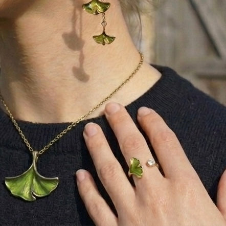 Ginkgo Leaf Enamel & Rhinestone Ring