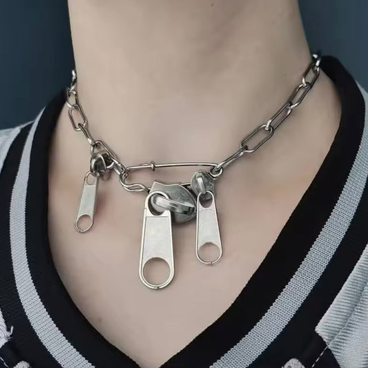 Zipper Tag & Safety Pin Silver Punk Necklace