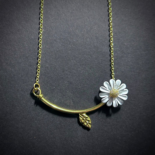 Daisy Flower on Stem White & Gold Choker Necklace