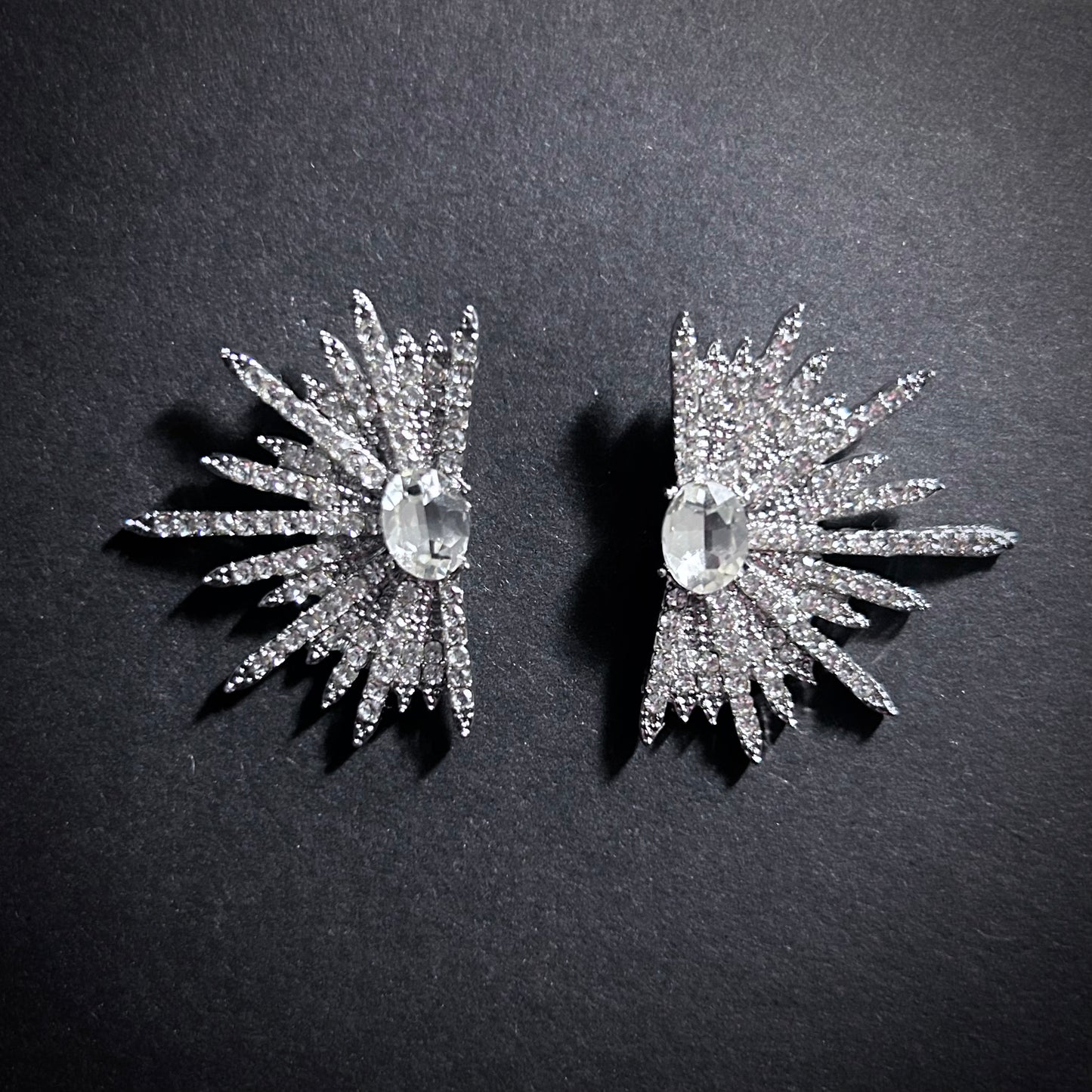 Spike Fan Earrings in Silver & Clear Rhinestones