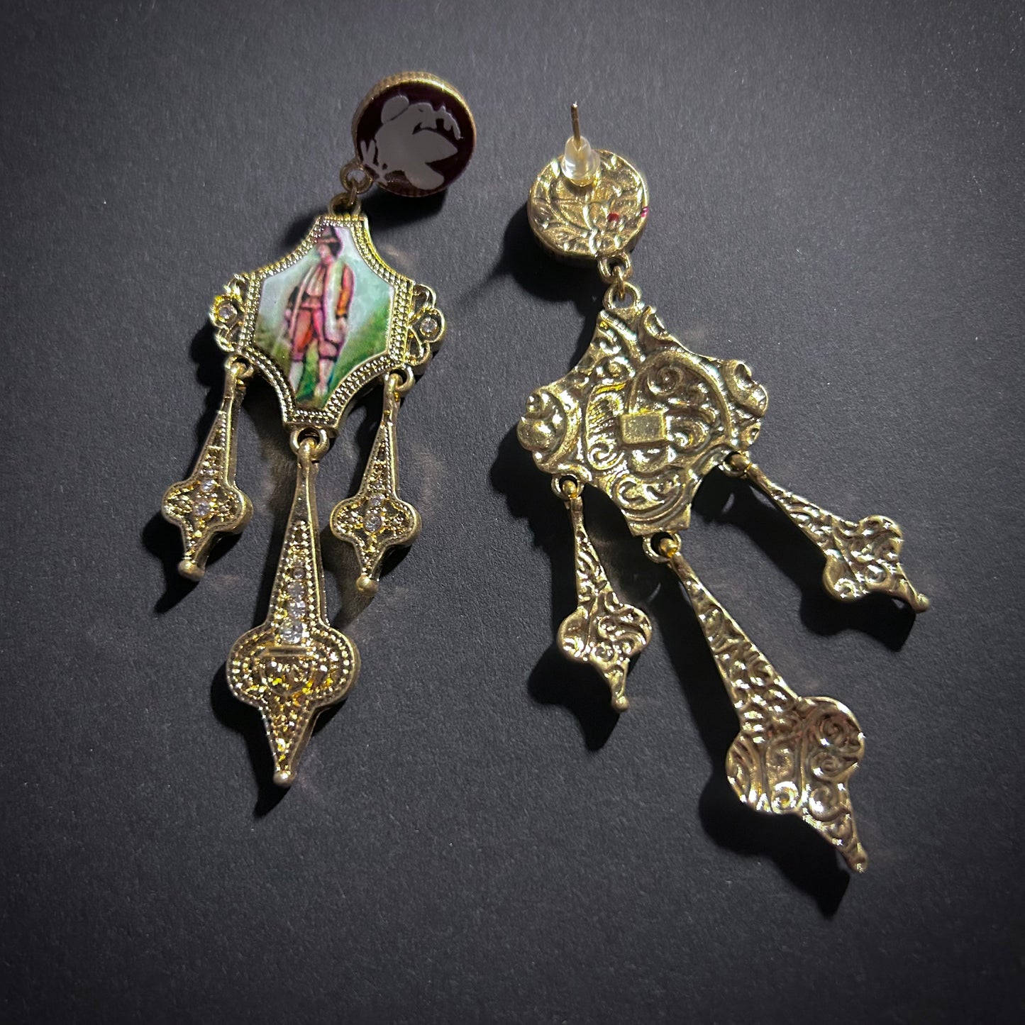 Art Nouveau Enamel Miniature Painting & Milgrain Chandelier Earrings