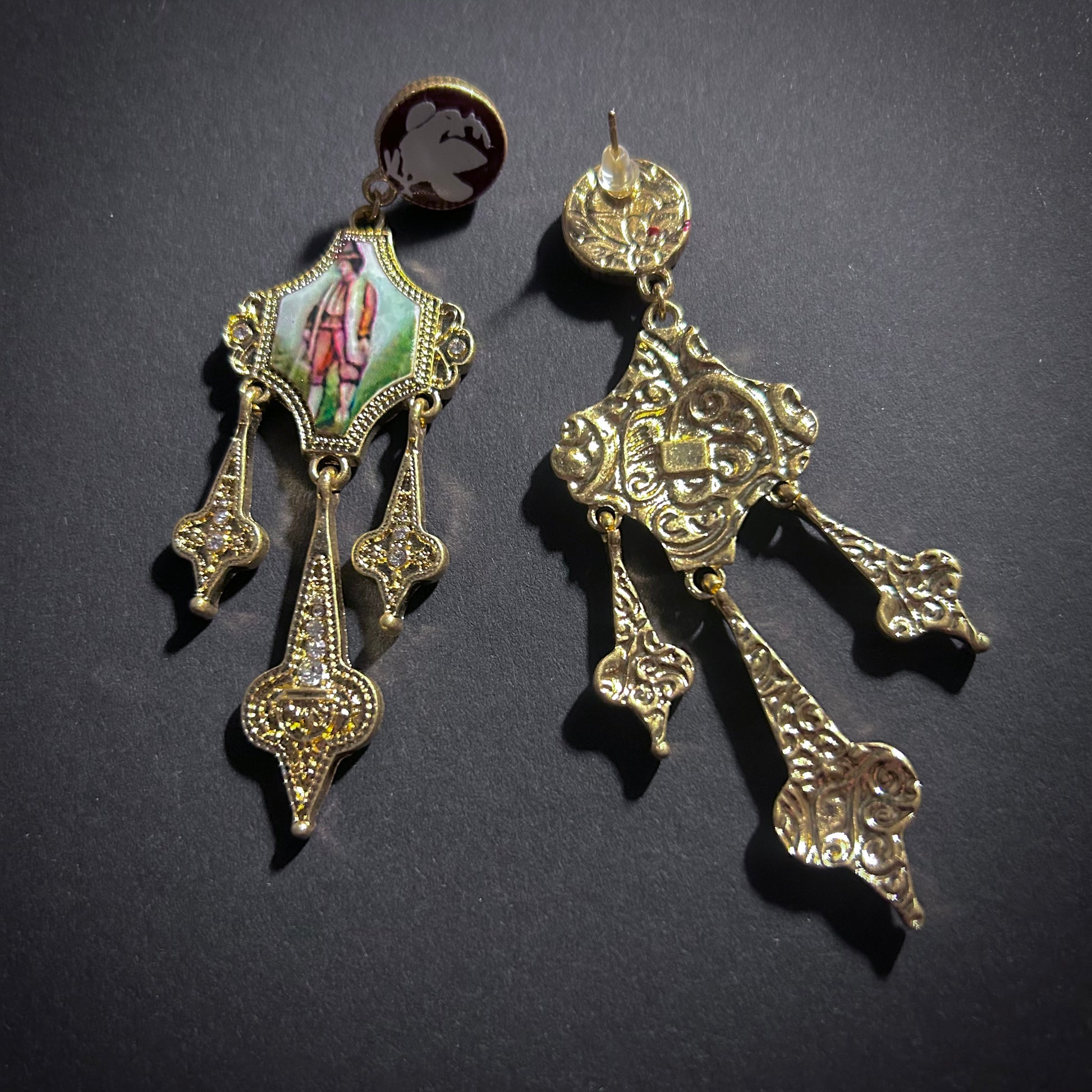 Art Nouveau Enamel Miniature Painting & Milgrain Chandelier Earrings