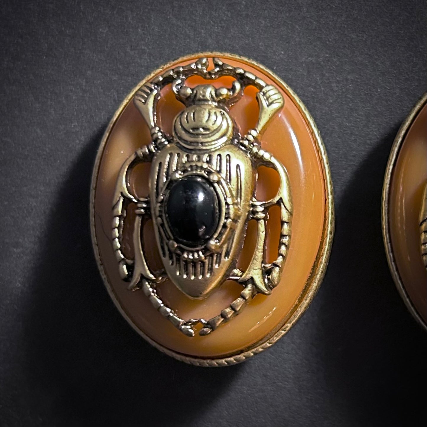 Scarab Beetle Orange Enamel & Antiqued Gold Statement Earrings