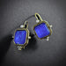 Art Nouveau Etched Sapphire Blue Stone and White Pearl Gold Earrings