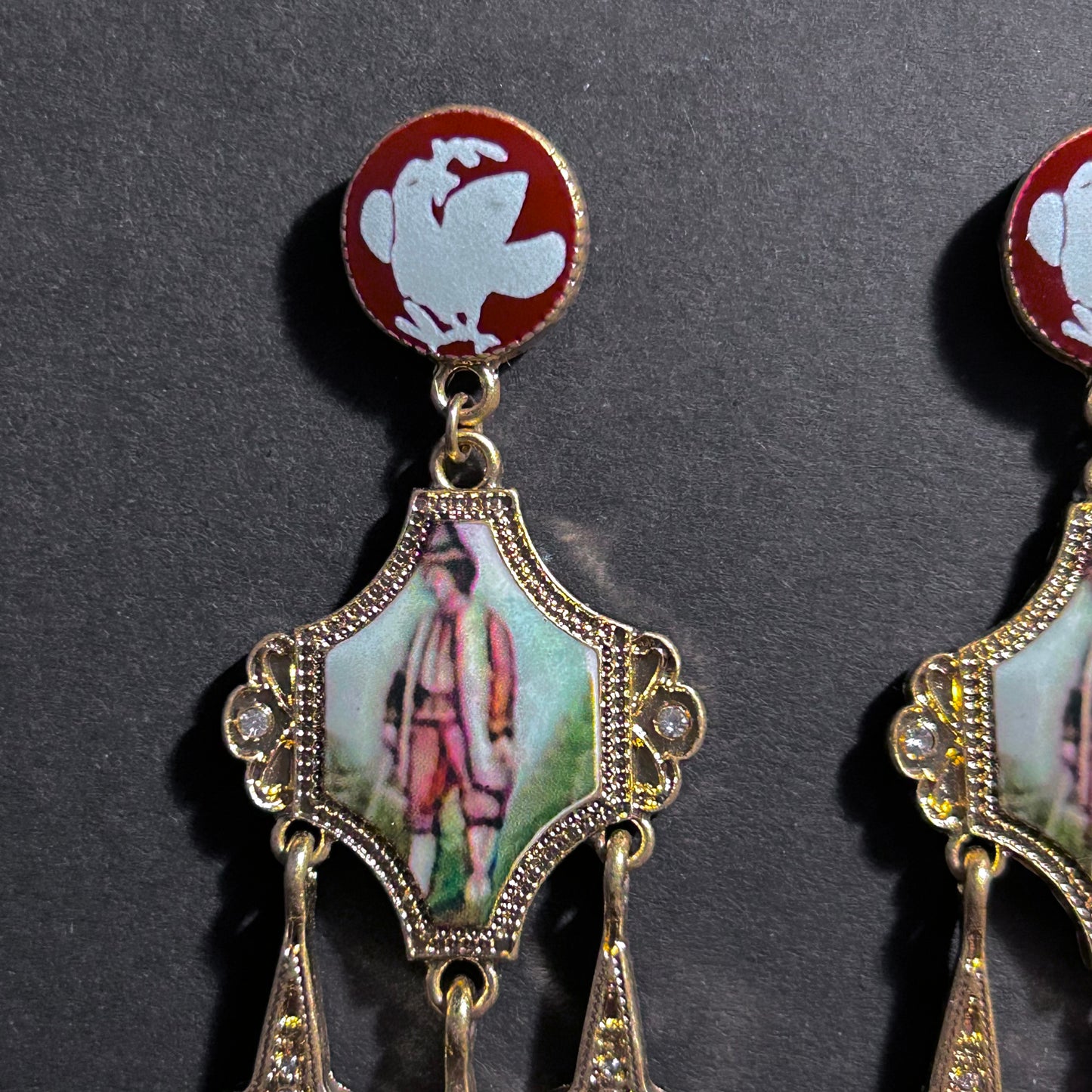 Art Nouveau Enamel Miniature Painting & Milgrain Chandelier Earrings