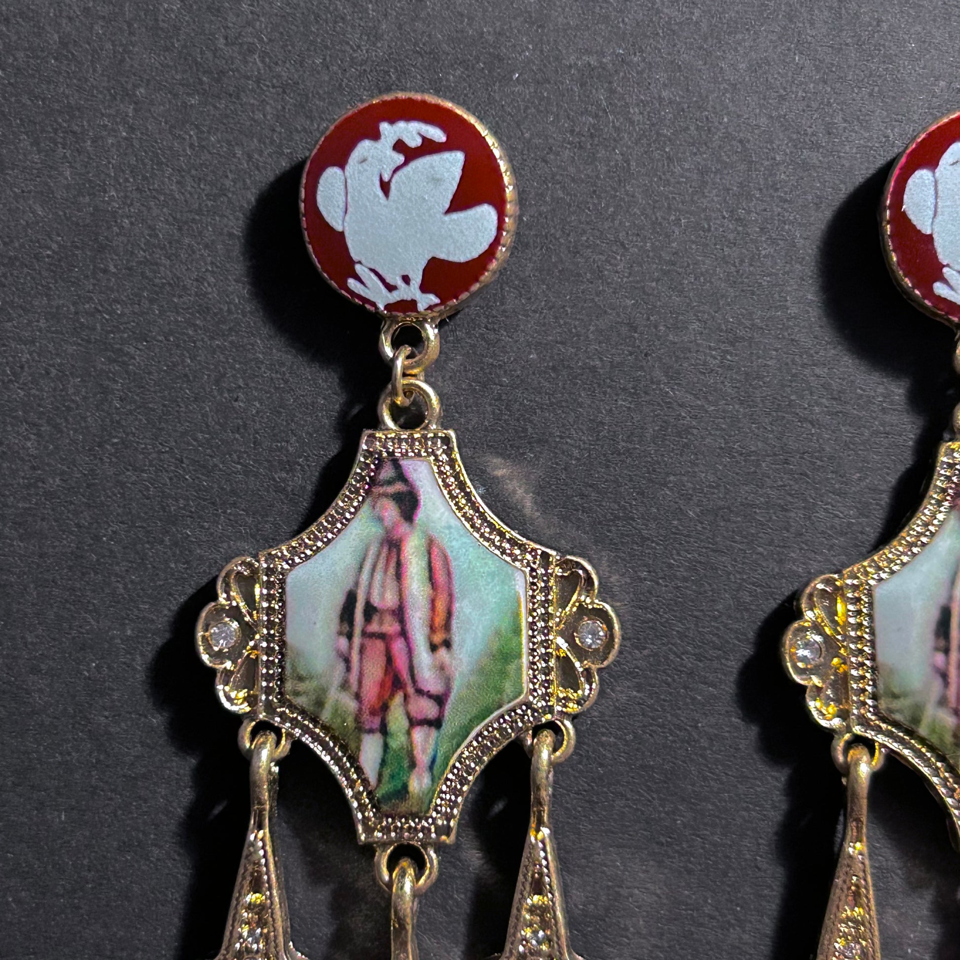 Art Nouveau Enamel Miniature Painting & Milgrain Chandelier Earrings