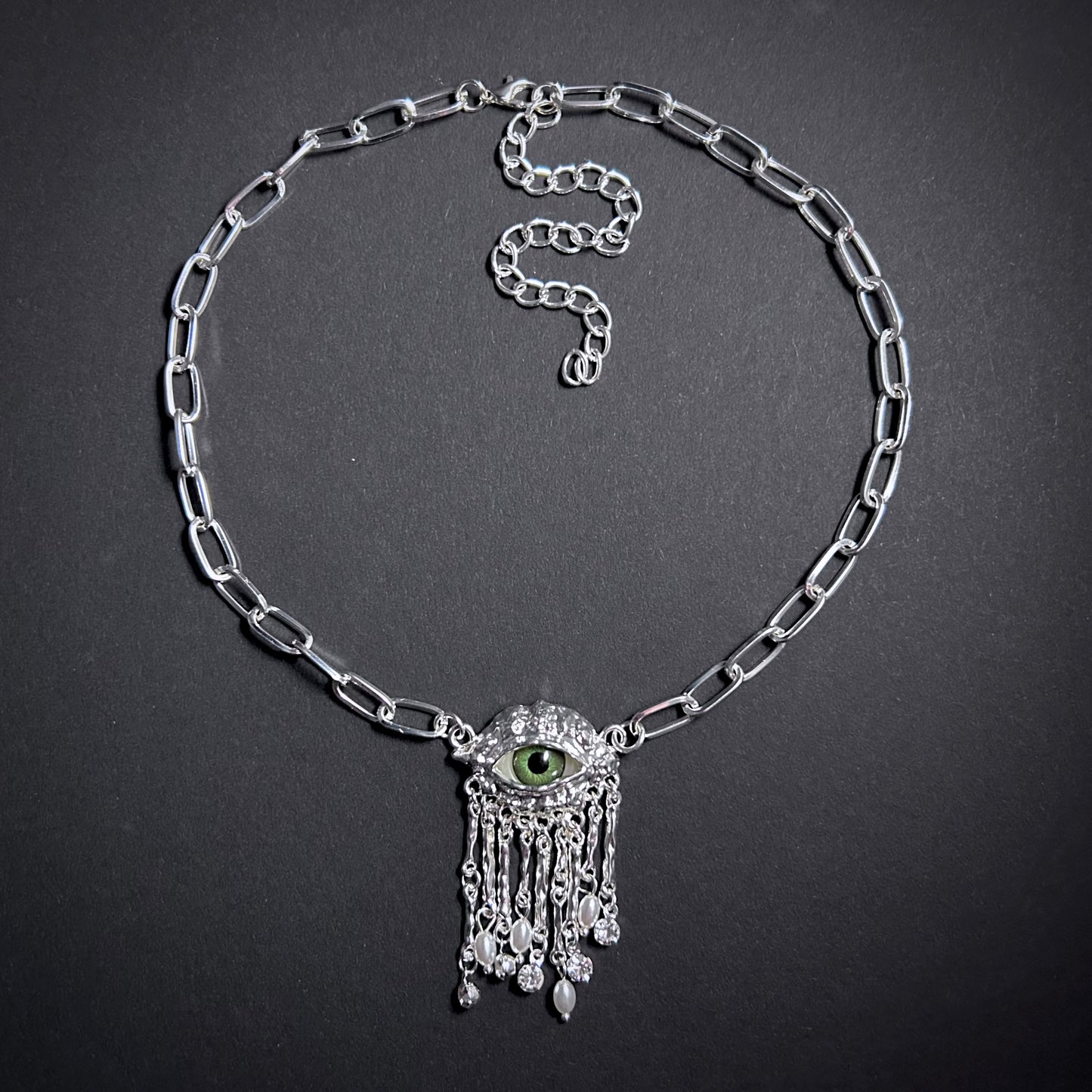 Green Eyes & Baroque Pearl Silver Fringe Pendant Surrealist Necklace