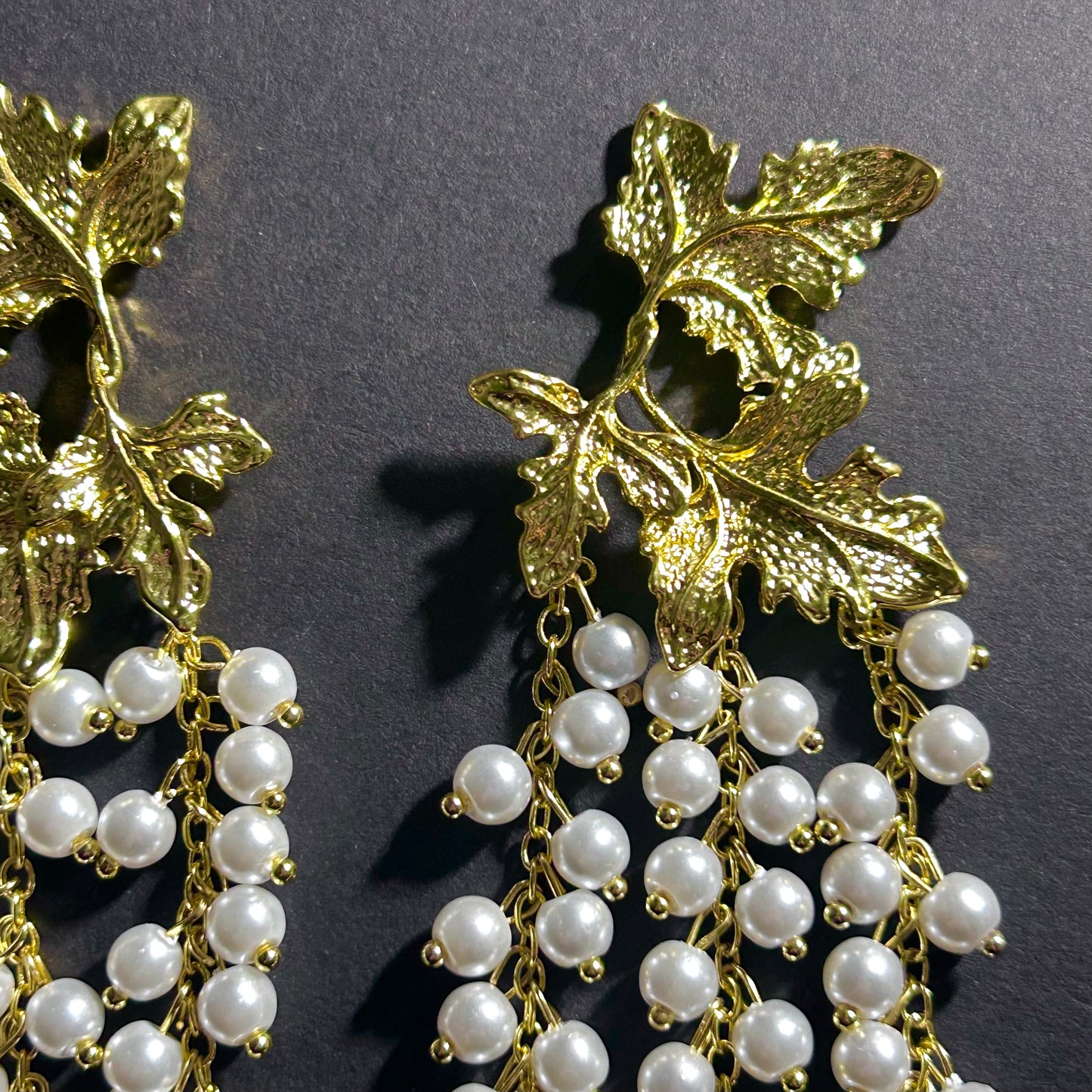 Gold Leaf & Grape White Pearl Earrings