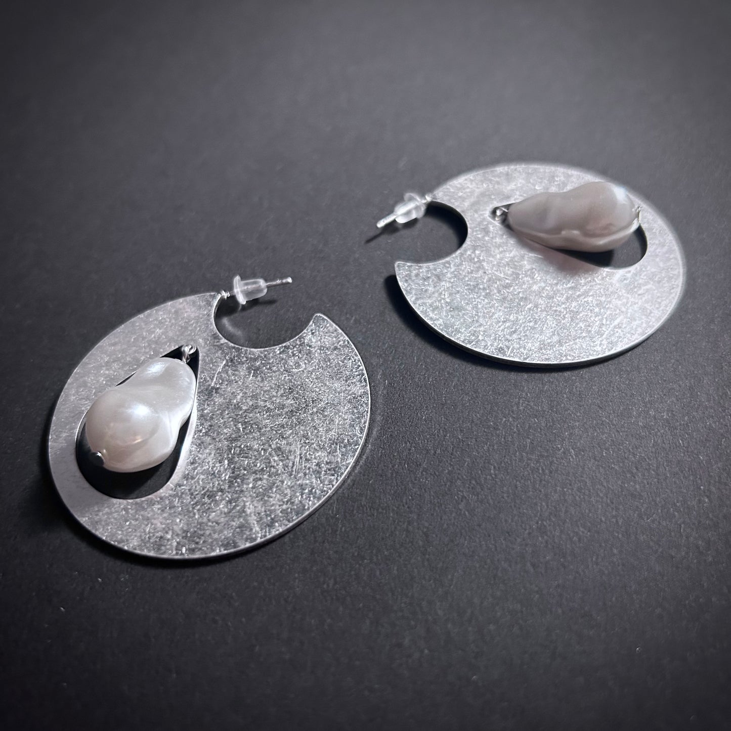 Silver Solid Circle & White Teardrop Baroque Pearl Earrings