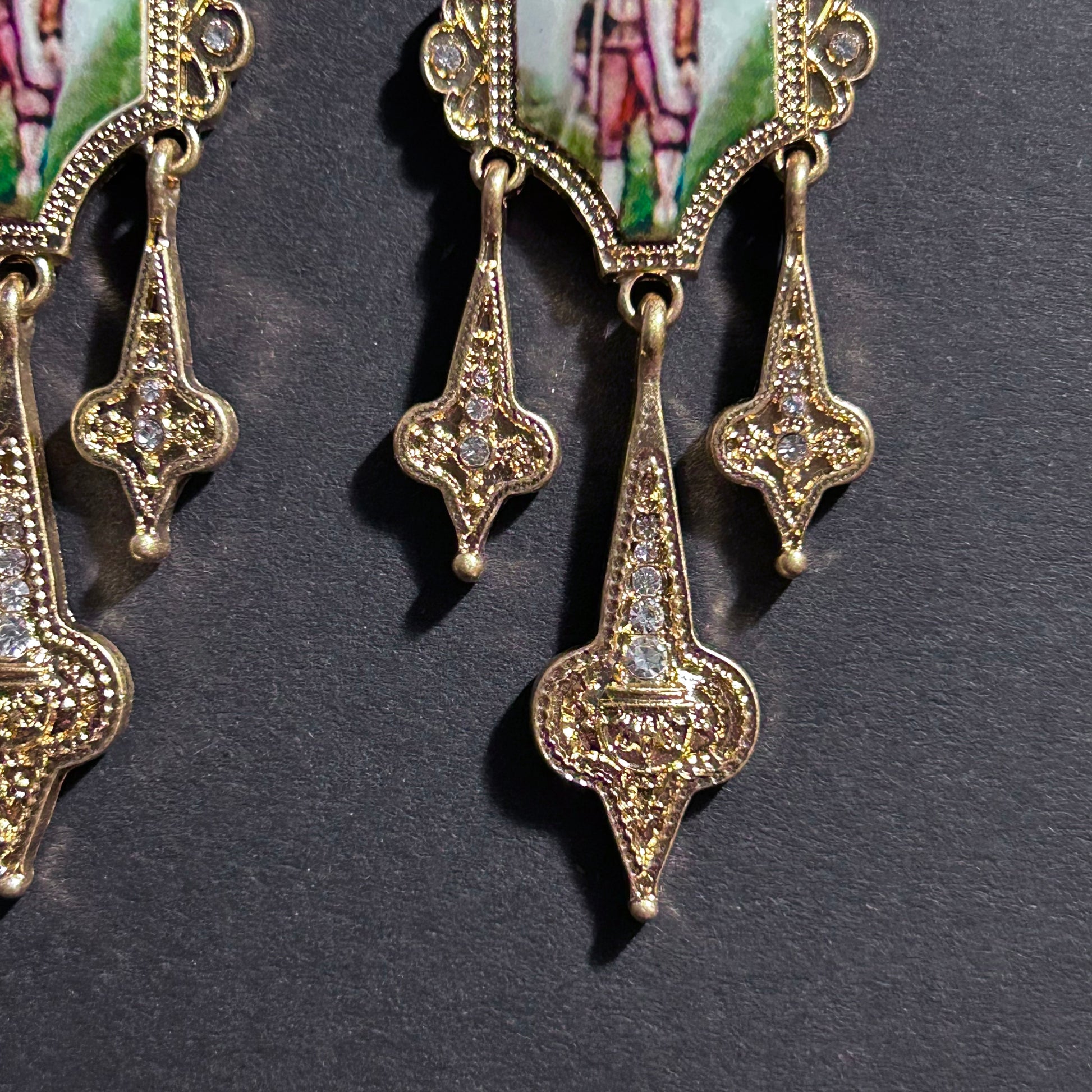 Art Nouveau Enamel Miniature Painting & Milgrain Chandelier Earrings