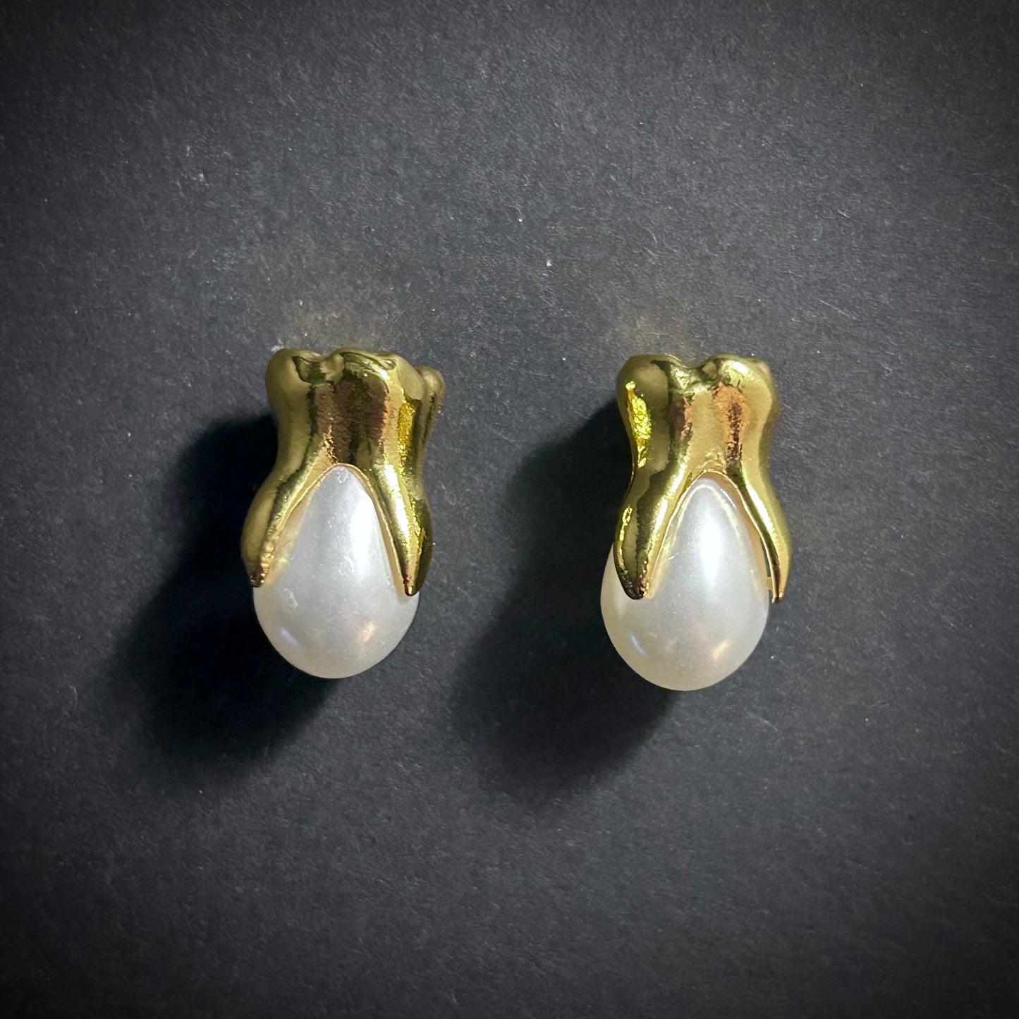 Gold Tooth & White Pearl Stud Earrings