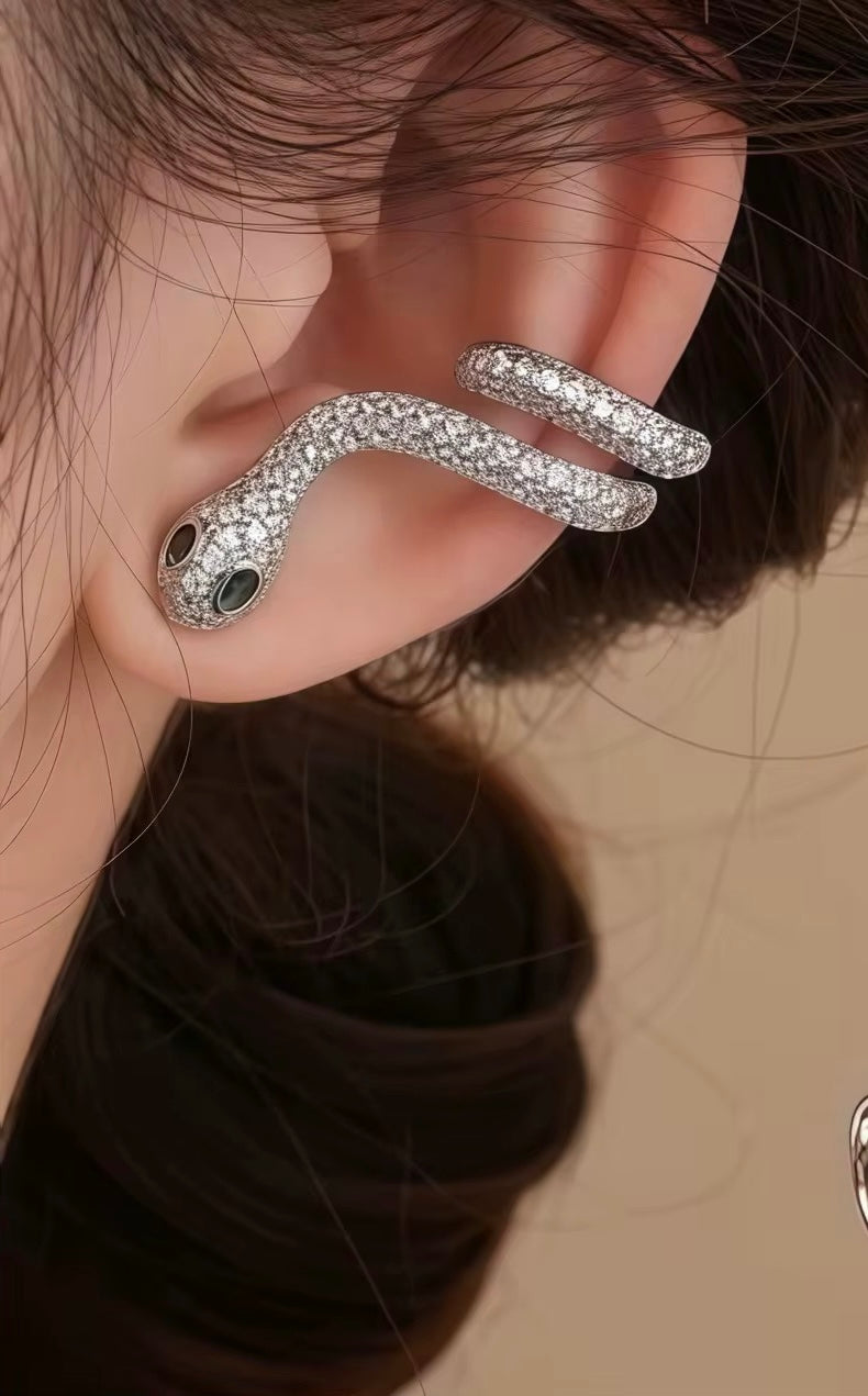 Snake Stud & Cuff Statement Earrings in Silver with Emerald Eyes
