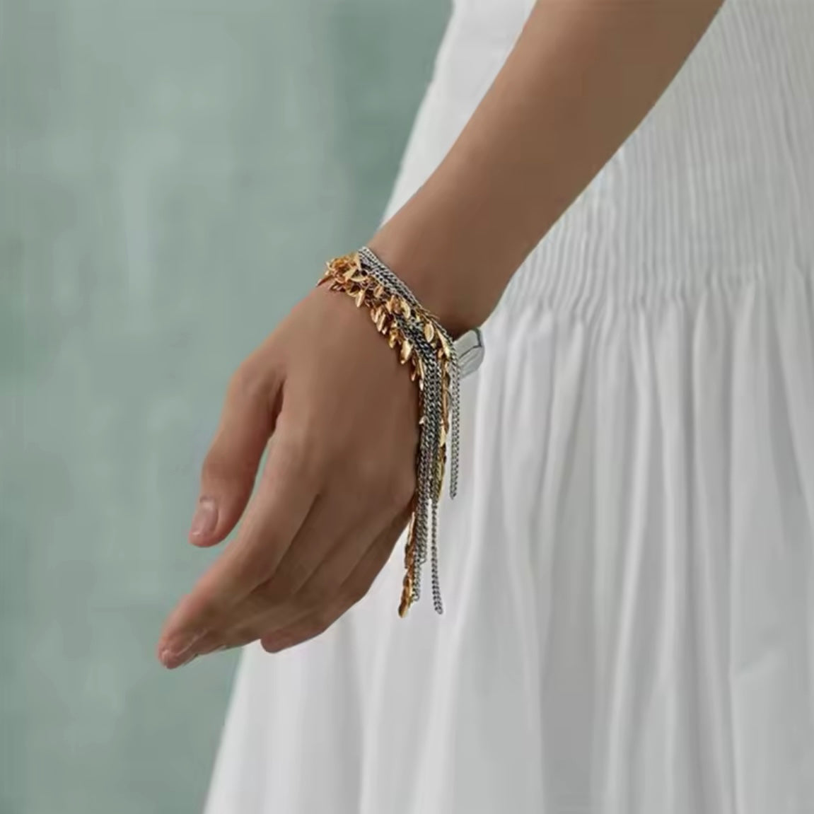 Leaves & Chain Organic Shaped Mixed Metal Statement Bracelet