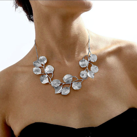 Silver Leaf & Branch Statement Bib Necklace