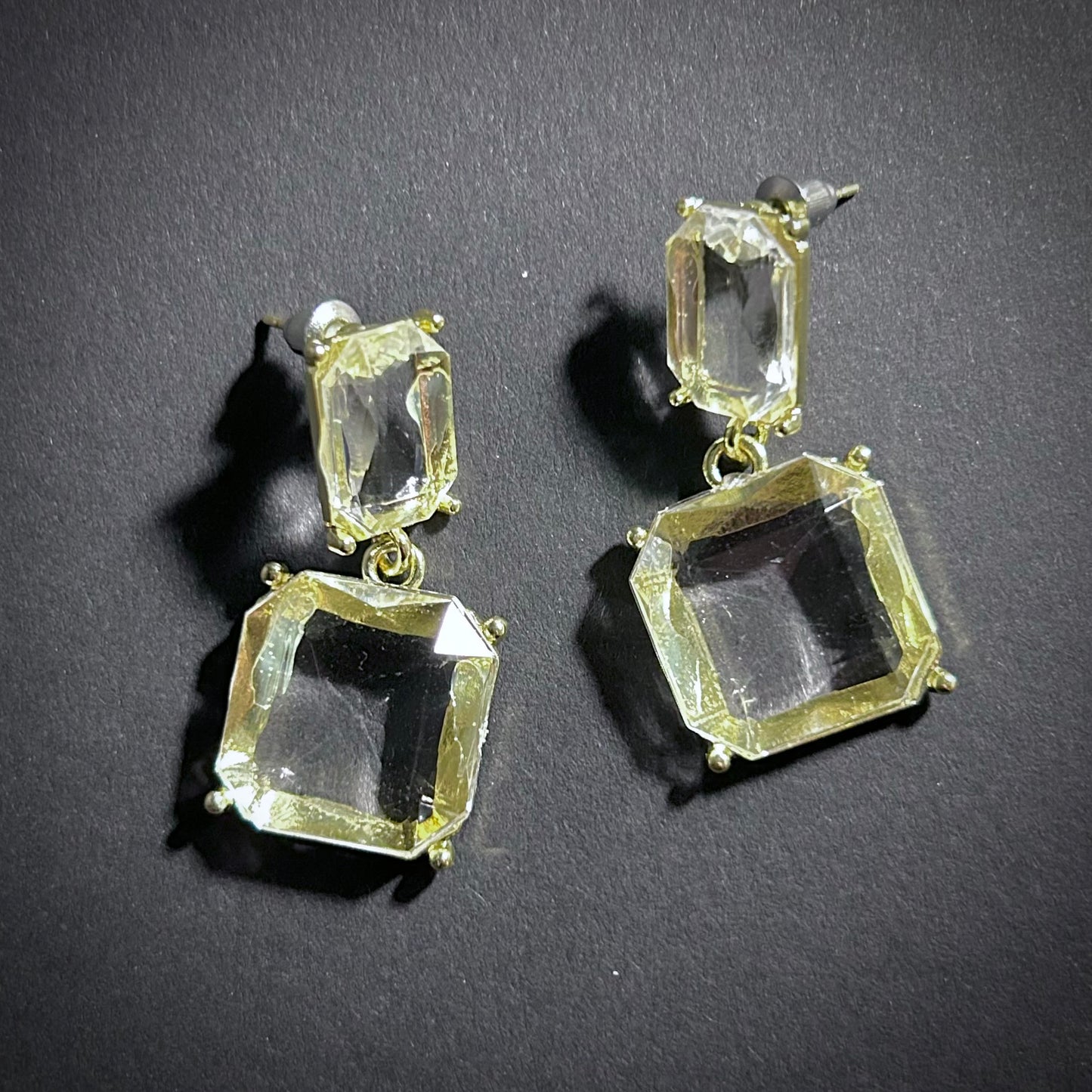 Ice Cubes Double Square Transparent & Gold Earrings