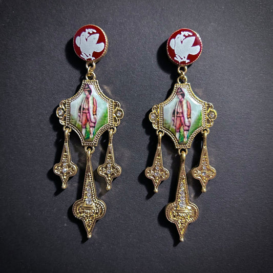 Art Nouveau Enamel Miniature Painting & Milgrain Chandelier Earrings