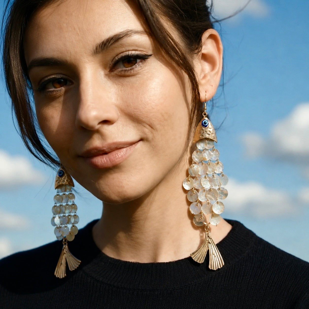 Fish Mother of Pearl Gold Statement Earrings